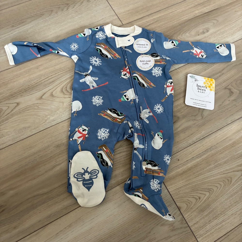 New Burts Bees Baby Blue Penguin Snowman‎ Skiing Footed Pajamas Sleepers Newborn